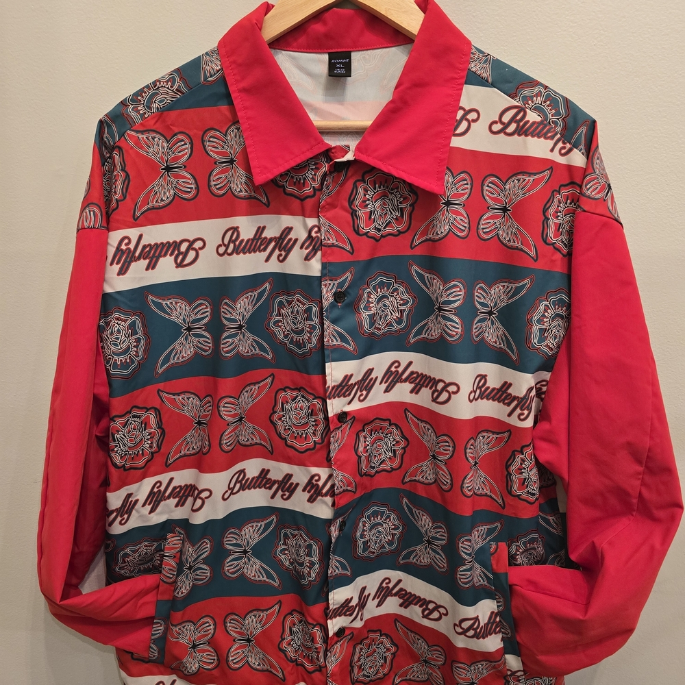 Vintage Style Shacket Red and Black Butterfly Print Shirt Jacket